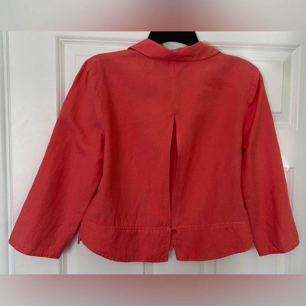 Talbots Vibrant Coral Button-Down Cropped Linen Blend Shirt